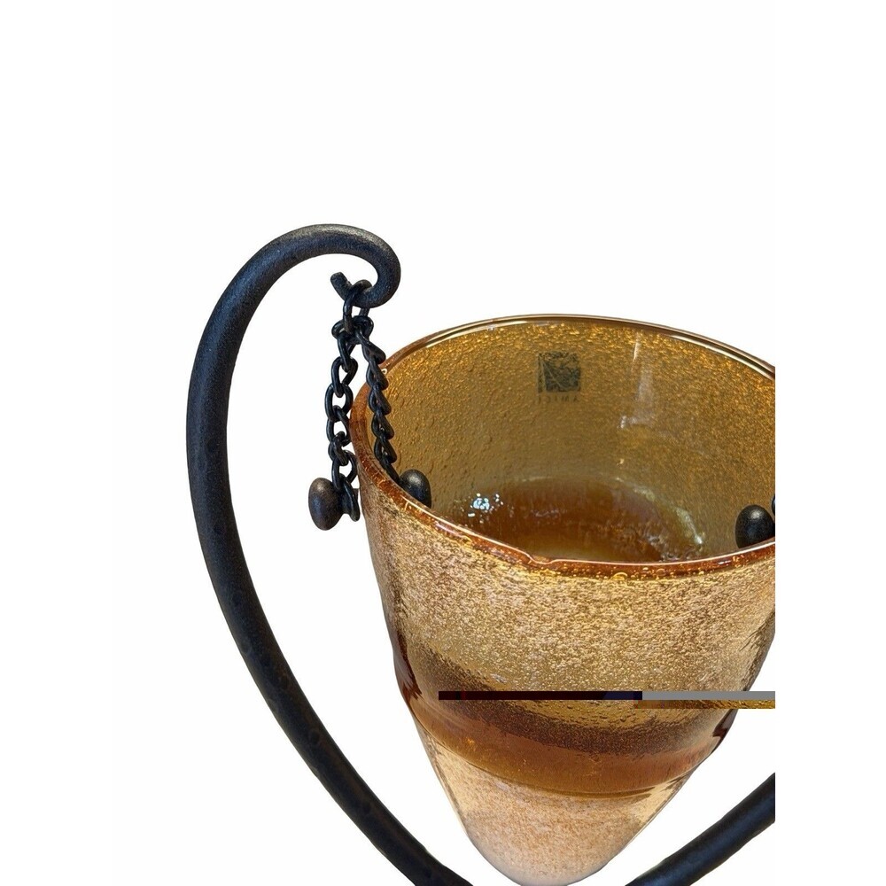 Vintage Amici Hand Blown Amber Bubble Glass Cone Vase Hanging Wrought Iron Stand - Picture 2 of 12